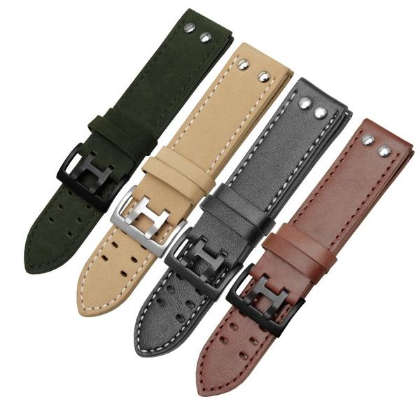 

watch bands peiyi replacement genuine leather strap 20mm 22mm cow double row hole wristband men's leisure chain, Black;brown