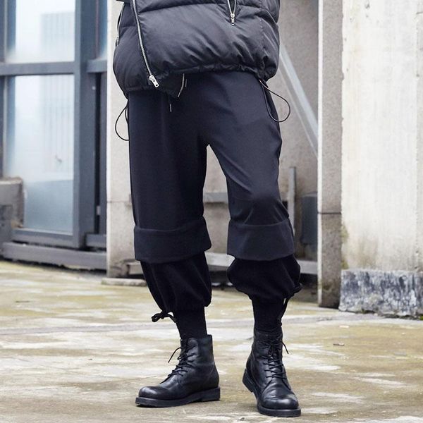 

men dark black style loose casual splice ankle-length pants male streetwear hip hop gothic harem trousers joggers sweatpants mid men's