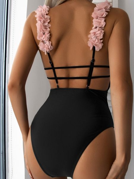 

solid flower decor one piece swimsuit i2r4#, White;black