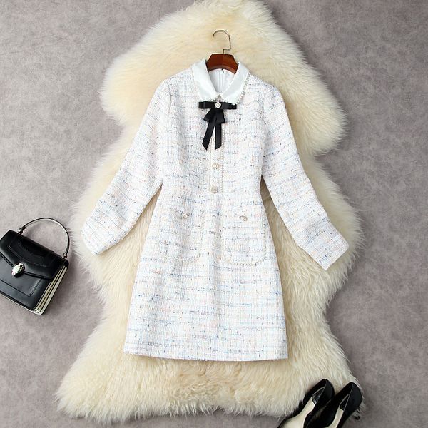 

european and american women's clothing winter 2022 new long sleeve peaded lapels and bow ties fashionable tweed dress, Black;gray