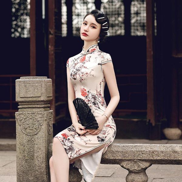 

ethnic clothing vintage chinese style mandarin collar short sleeve cheongsam summer women slim floral print qipao vestido -3xl, Red