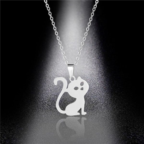 

pendant necklaces wholesale jewelry hollow cat necklace stainless steel animal cute kitten clavicle chain, Silver
