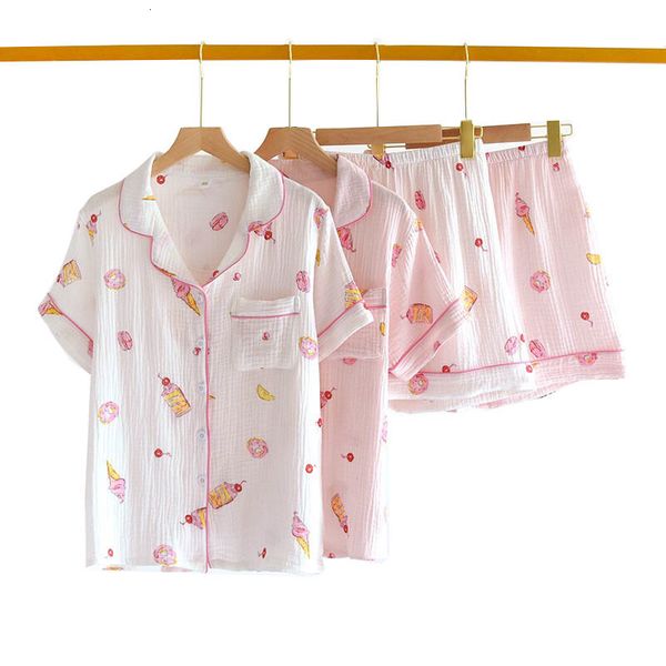 

women's sleepwear full cotton women soft pajamas set sweet simple style turn-down collar 2pcs comfort gauze homewear casual wear d, Black;red