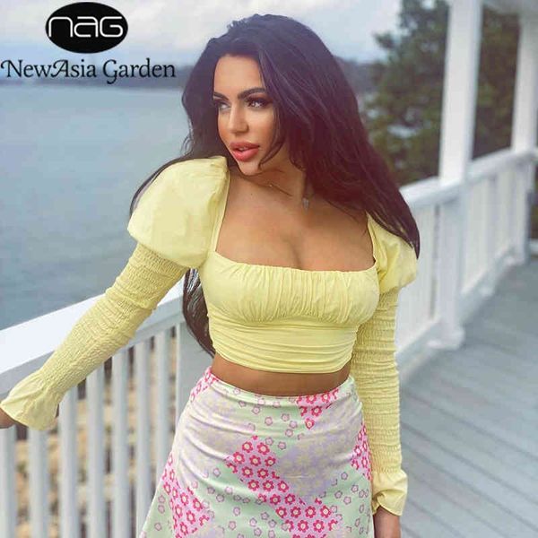 

newasia yellow blusas women vintage long puff sleeve low out pleat crop autumn solid back zipper casual blouse 210413, White