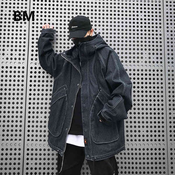 

men's jackets autumn winter fashion hip hop casual hooded jacket korean style loose clothes streetwear striped coat denim men, Black;brown