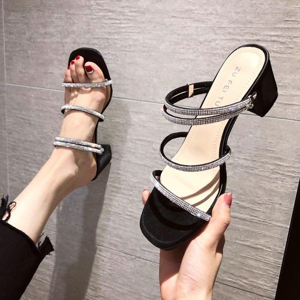 

sandals thick heel women's summer 2021 net red versatile two wear diamond with high heels fairy style, Black