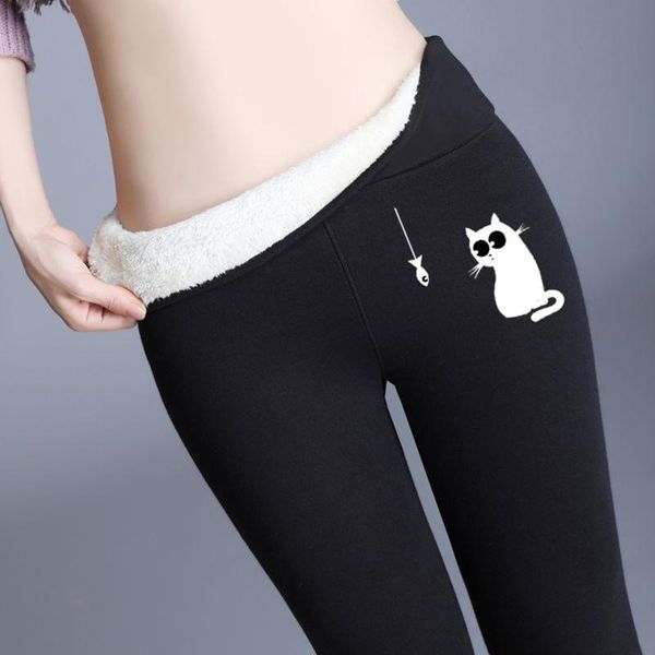 

women's pants & capris autumn winter cotton slim pencil solid button pocket trousers home warm elastic waist plush c7, Black;white