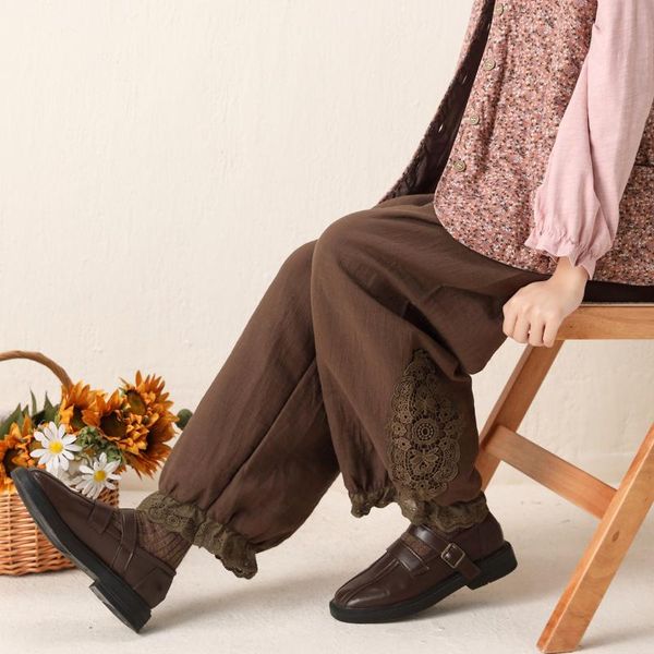 

women's pants & capris japanese mori girl elastic waist casual wide-leg oversized lace embroidery literary cotton trousers mujer pamtal, Black;white