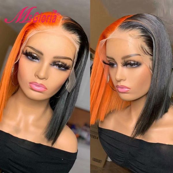 

lace wigs 13x6 front human hair brazilian remy half ginger 613 wig pre plucked glueless 13x4 short bob for women, Black;brown
