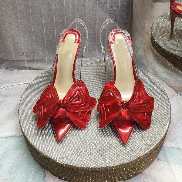 

customized big bow-tie pvc slingback peep pointy toe women high heels sandals shoes, Black