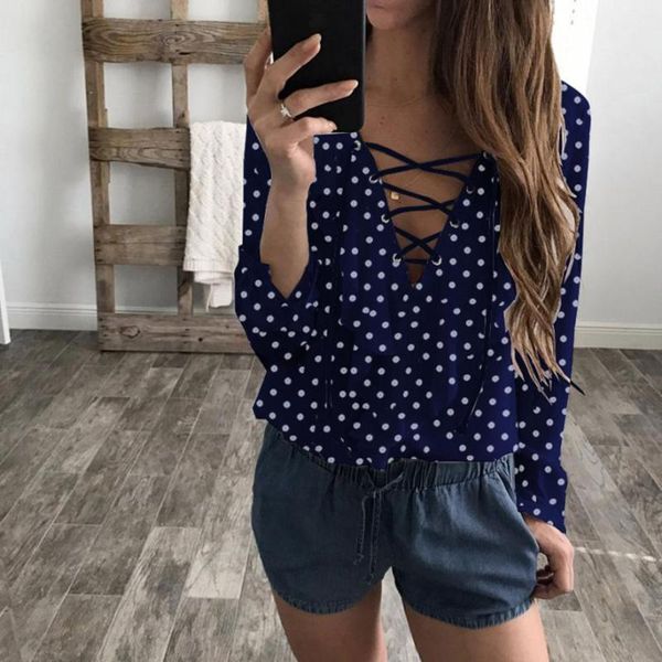 

women's blouses & shirts polka dot woman shirt long sleeve female spring summer v-neck drop blouse, White