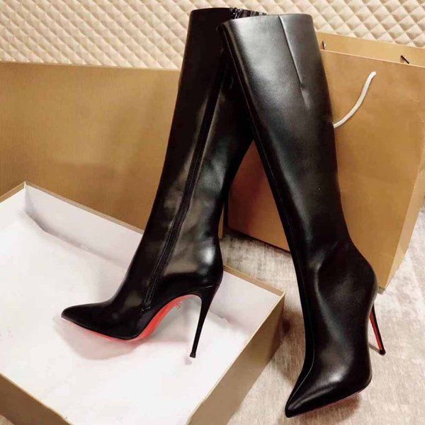 

famous winter brand red bottom boots kate botta women long knee booty high heels leather ladies bottes pointed toe booties party bride walki, Black