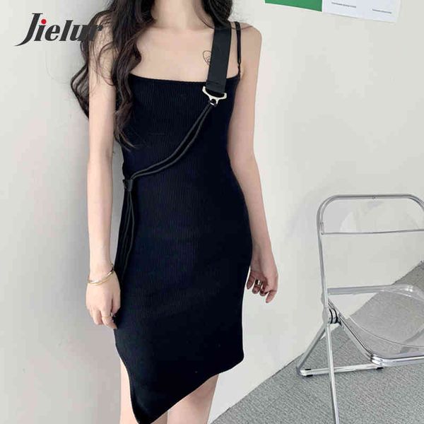 

jielur spaghetti strap women dresses elegant female dress side split knitted chic skinny clubwear mini dresses black 210412, Black;gray
