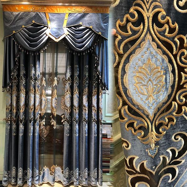

curtain & drapes european blue luxury noble embroidery hollow out curtains for living room window