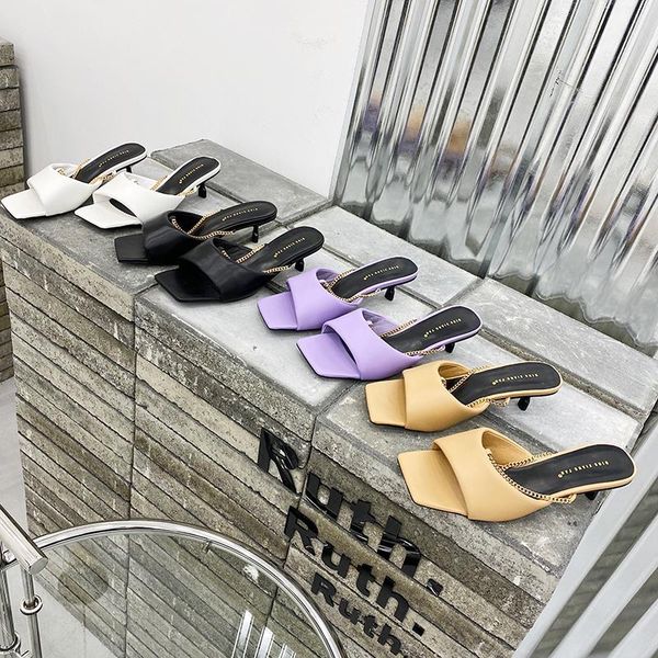 

fashion women sandals slippers open toe solid color metal chain shallow thin mid heels purple shoes woman size 35-39, Black