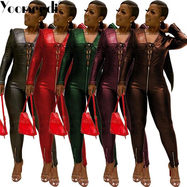 

women's jumpsuits & rompers yooneedi 2021 autumn design women pu 5 color solid bandage v-neck full sleeve ladies mos-997, Black;white