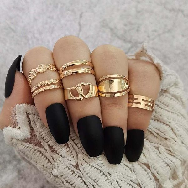 

cluster rings 6 pcs/set women set bohemian love heart flower lips geometric gold open finger ring punk party bar jewelry gift, Golden;silver
