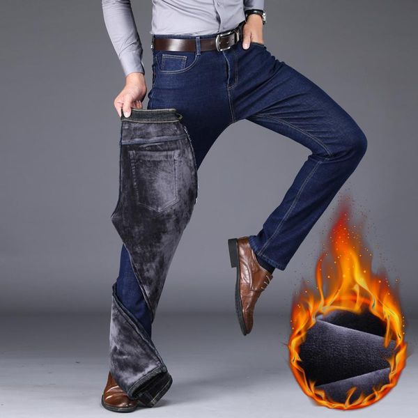 

men's jeans winter warm slim fit thicken denim trouser fleece stretch brand pants 2021 outwear trousers, Blue