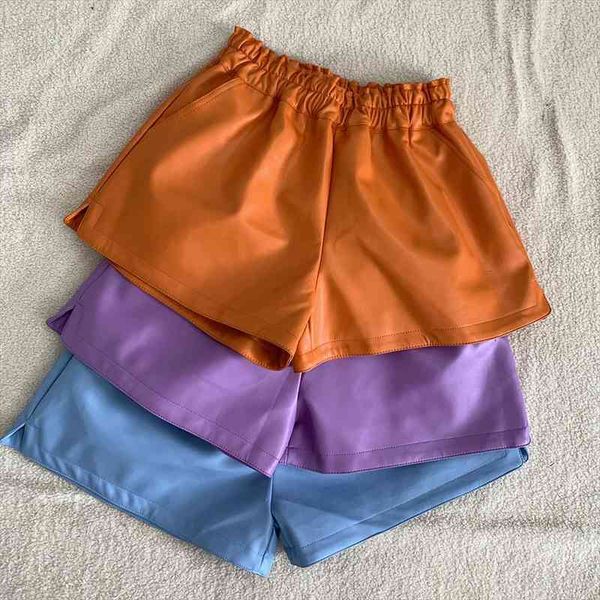 

elastic waist high fall pu leather shorts women fall wide leg biker shorts plus size femme vintage ladies pocket, White;black