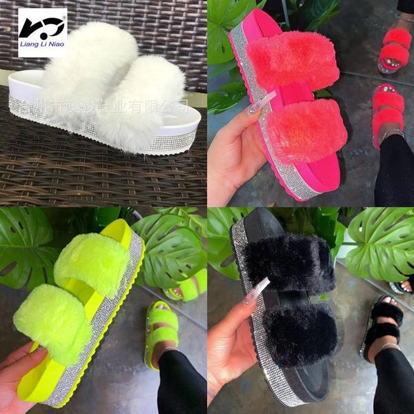 

crystal platform plush slippers women's large size indoor furry shoes, Black