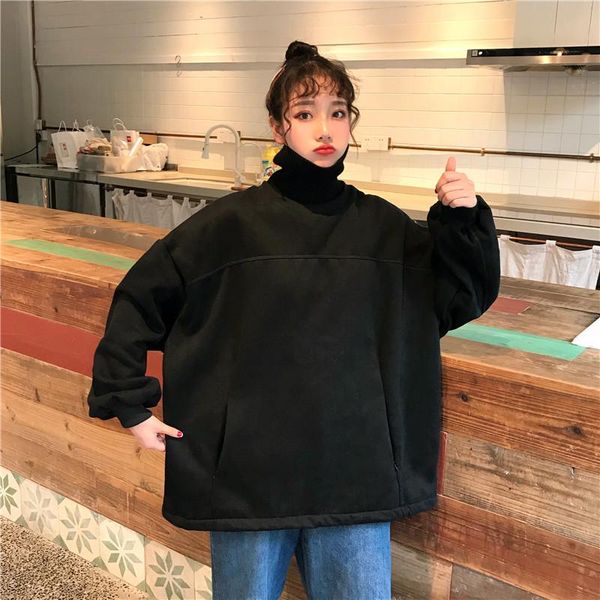 

women's hoodies & sweatshirts women thicker plus velvet solid false two-piece turtleneck pocket loose oversize long style womens hoodie, Black