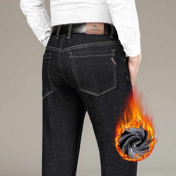 

men's jeans 2021 thicker fleece men clothes elasticity warm thinker winter business casual loose fit design  straight leg, Blue