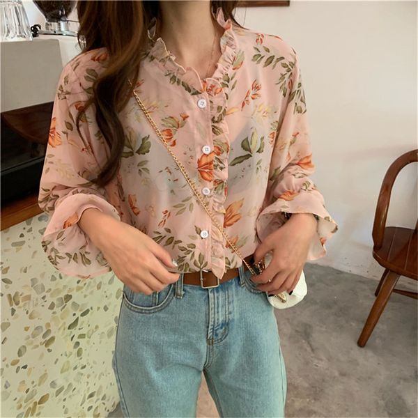 

dress selling sweet fairy chiffon ruffles streetwear light summer thin print floral loose full-sleeved shirt, White