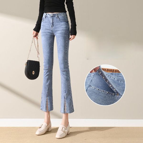 

women's jeans women 2021 spring autumn fashion split denim flare pants female high waist slim trousers ladies pockets skinny p114, Blue