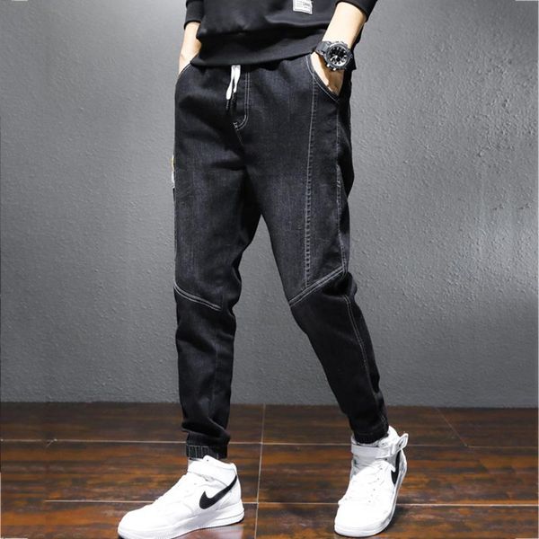 

men's jeans waist drawstring trousers slim pants autumn loose harem japanese, Blue