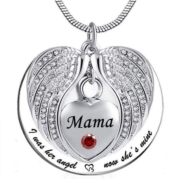 

pendant necklaces angel wing with birthstone charm cremation jewelry memorial keepsake ashes necklace ,i was her now she's mine -for ma, Silver