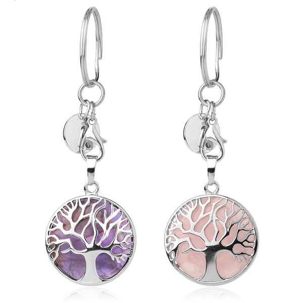 

natural stone original keychains tree of life keyring silver color healing crystal car decor key rings keyholder for women men, Slivery;golden