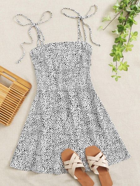 

knot strap shirred back dalmatian print slip dress 74ql#, Black;gray