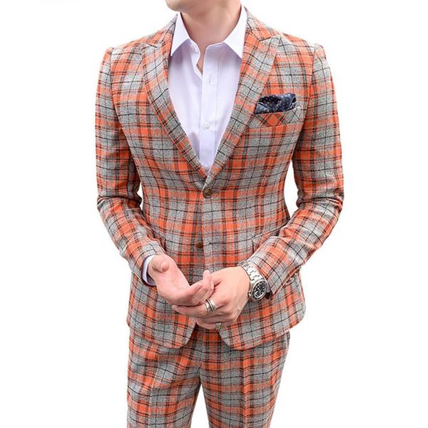 

men plaid business tuxedo groom dress suits trousers / male fashion casual wedding blazers jacket pants 2 pieces set men's &, White;black