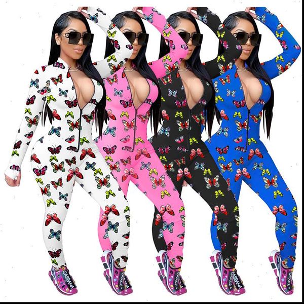 

butterfly print long sleeve women rompers bodycon front zipper clubwear outfits one piece active wear, Black;white