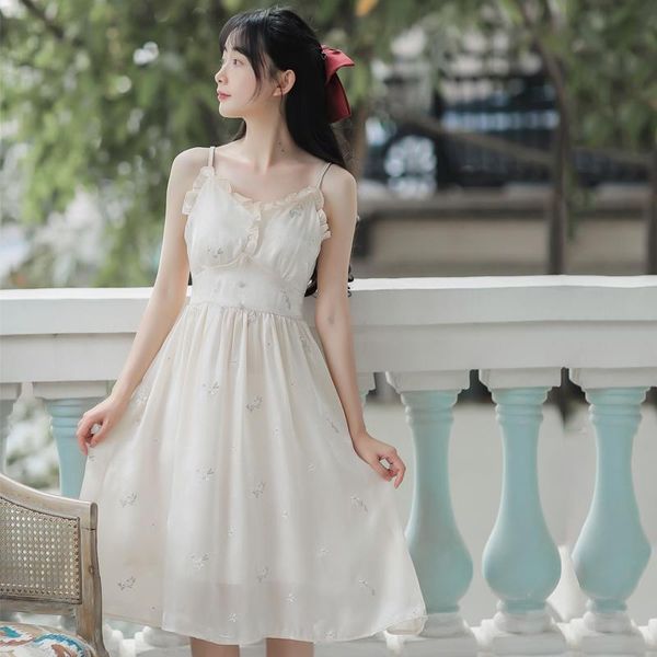 

casual dresses french gentle fairy dress women 2021 summer ruffled sweet sleeveless chic beaded button vintage embroidered sling, Black;gray