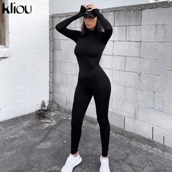 

2021kliou solid black/gray long sleeve skiing jumpsuit women elastic hight outfit fashion fitness sportwear slim rompers streetwear, Black;white