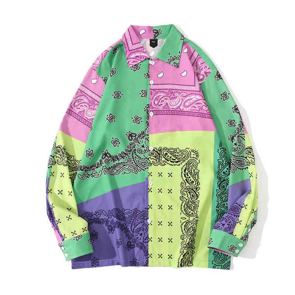 

women's blouses & shirts [ewq] autumn green purple bandana patchwork blusas turn-down collar shirt women long sleevedshirt print retro, White