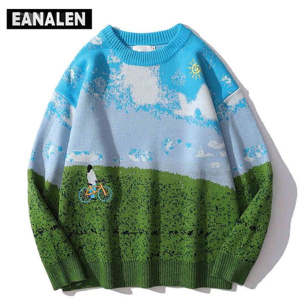 

embroidered blue sky and white clouds ugly sweater men harajuku fashion hip hop winter oversized sweating pullover knitwear wome, Black