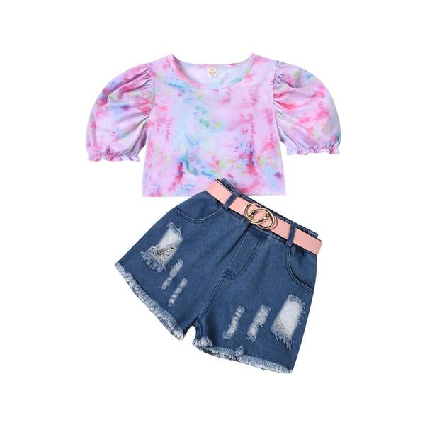 

clothing sets kid's girl short jeans suit round neck puff sleeves tie-dyed elastic waist ripped with belt outfit, White
