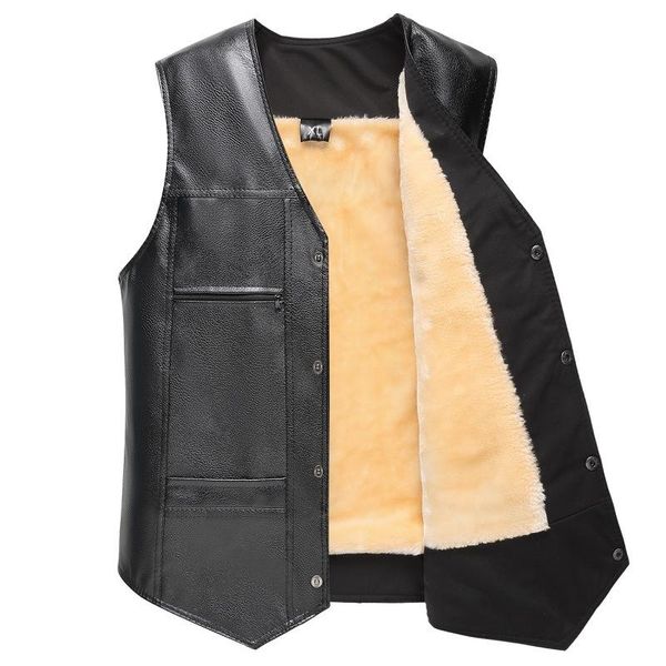 

men's vests 2021 vest plus velvet black men pu leather fleece large size winter middle-aged fashion unsleeve coat, Black;white