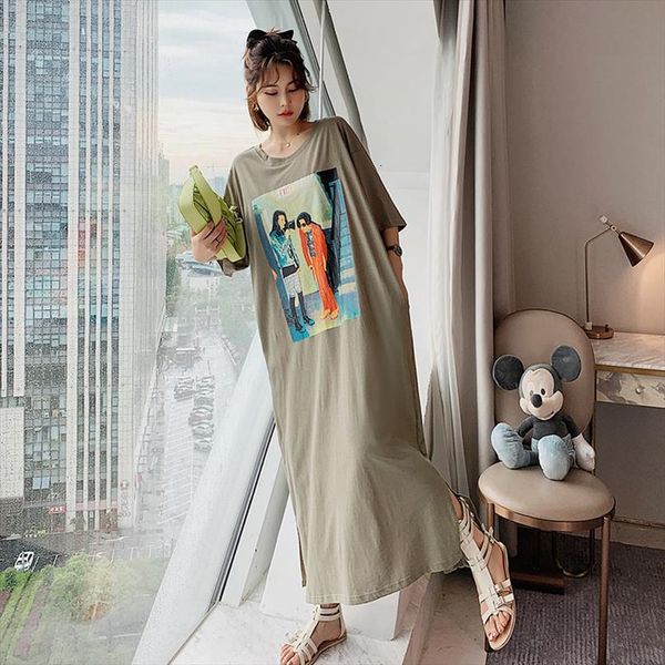 

summer dress loose large womens tanks size short sleeve vestido verano robe femme ete korean printing long, White