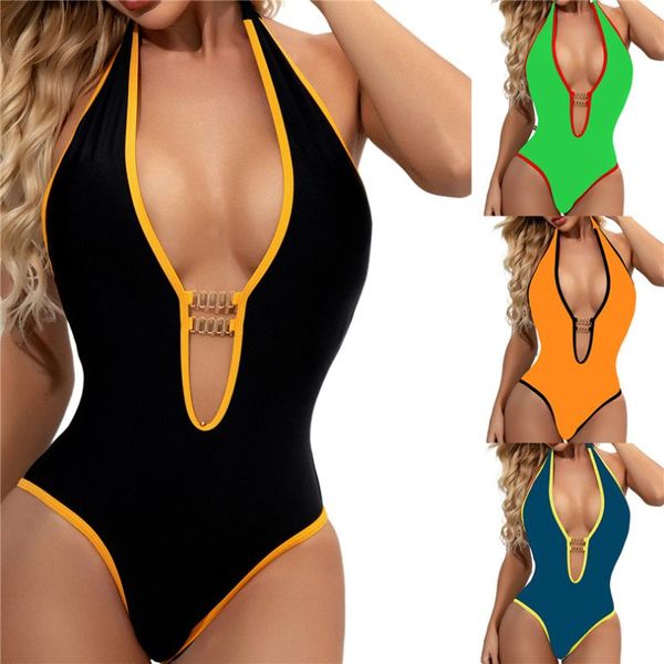 

women's swimwear 2021 women halter monokini deep v neck cut out open back swimsuits bikinis set, White;black