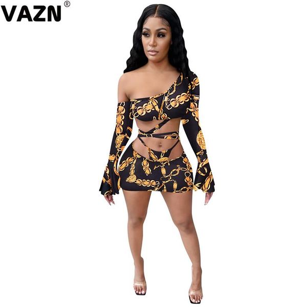 

casual dresses vazn 2021 arrival open club hollow out retro fashion one off shoulder full sleeve women high waist thin mini dress, Black;gray