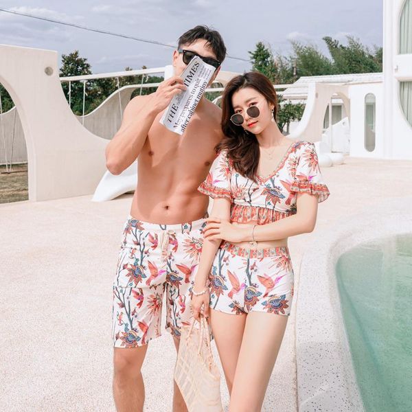 

women's swimwear ruffle short sleeve swinsuit print push up bikini 3set women men's swim shorts summer surfing suit couples bathsu, White;black