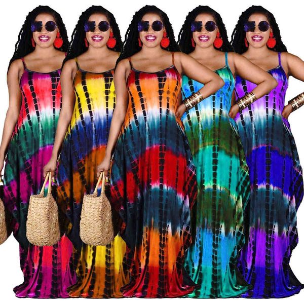 

womens dresses spring and summertie dye printing loose sling casual long skirt with pocket size s-3xl, Black;gray