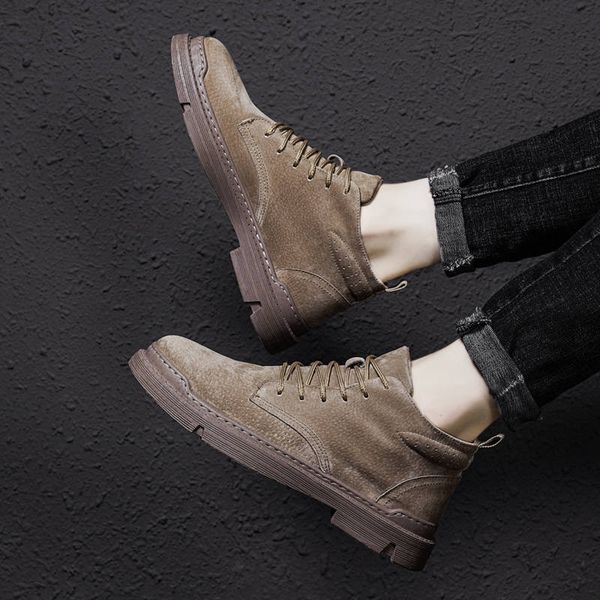 

2021 New Autumn Men Shoes Fashion Martin Boots High Top Retro Leather Boots Black Breathable Comfortable Lace-up Botas De Homme, Khaki