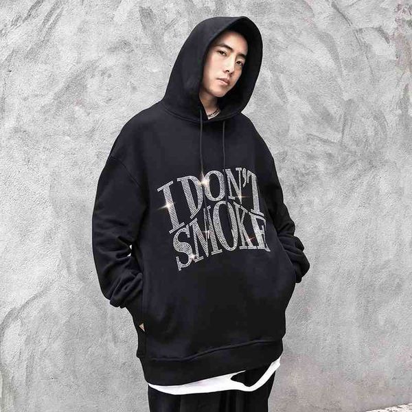 

Ins Guochao hand ironed men's fashion hip hop diamond loose couple Hoodie, Black