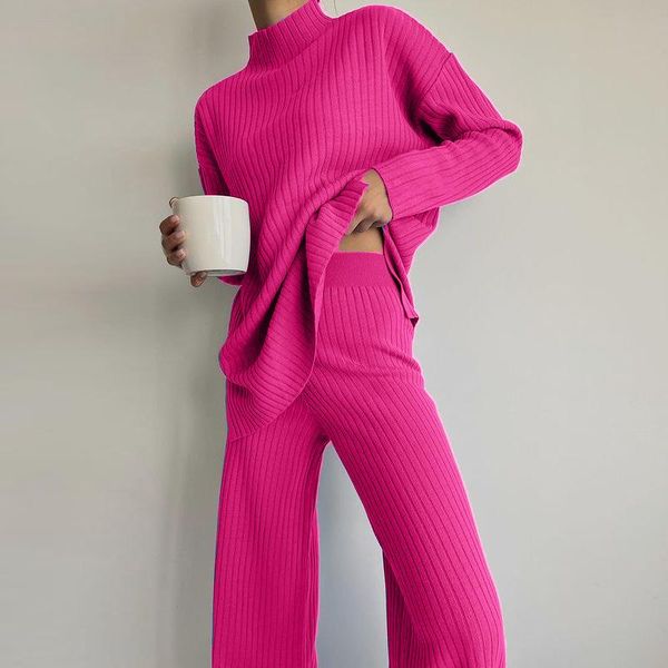 

women's two piece pants 2022 spring turtleneck sweater 2-piece sets long sleeve casual fashion outfits women ribbed knitted trousers, White