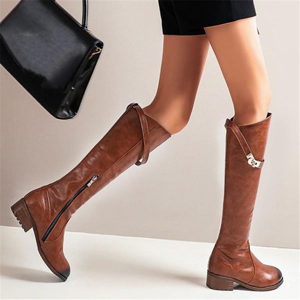 

boots pxelena women knight riding knee high chunky square med heel long motorcycle metal decor 2021 winter plus size 34-43, Black