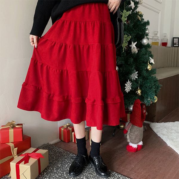 

skirts autumn winter korea fashion women elastic waist a-line long sweet cute all-matched casual red plus size v272 u52h, Black